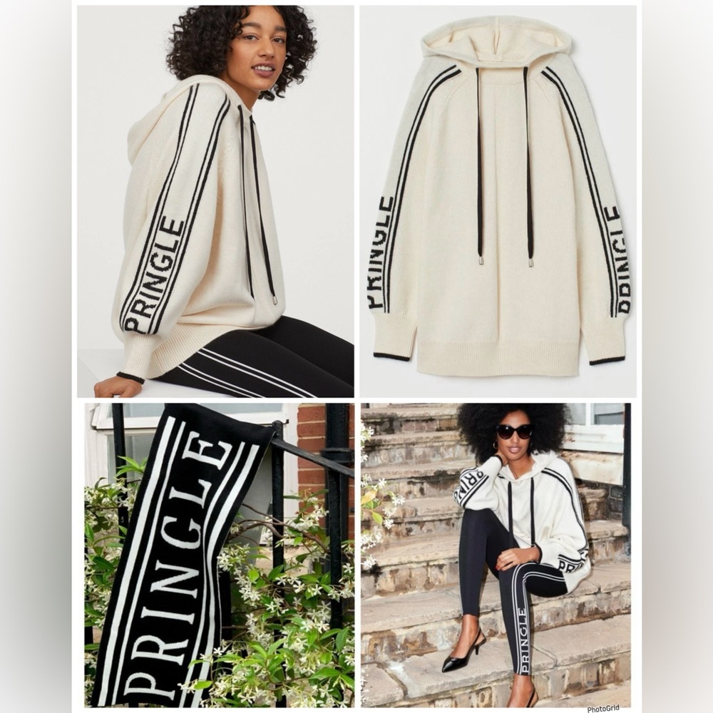 Pringle of Scotland x H&M Wool Blend Knit Hoodie Sweater Cream Logo XS‎